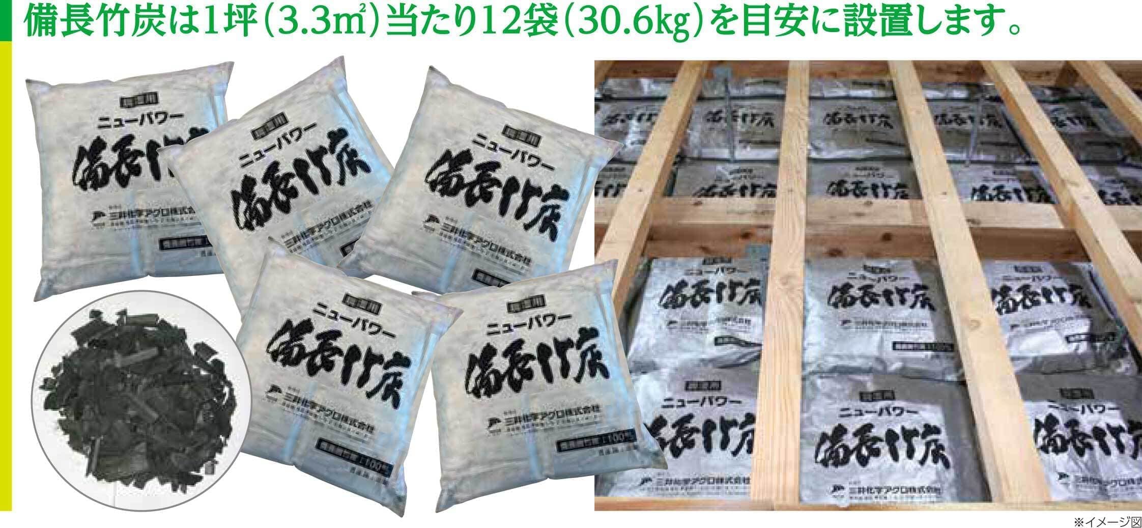 備長竹炭は1坪(3.3㎡)当たり12袋(30.6㎏)を目安に設置します。