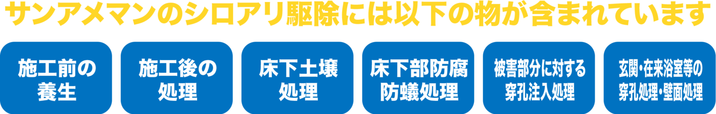 サンアメマンのシロアリ駆除には以下の物が含まれています。施工前の養生,施工後の処理,床下土壌処理,床下部防腐防蟻処理,被害部分に対する穿孔注入処理,玄関・在来浴室等の穿孔処理・壁面処理